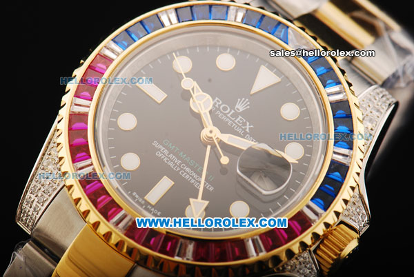 Rolex GMT Master II Swiss ETA 2836 Automatic Movement Black Dial with Colorful Diamond Bezel and Two Tone Strap - Click Image to Close